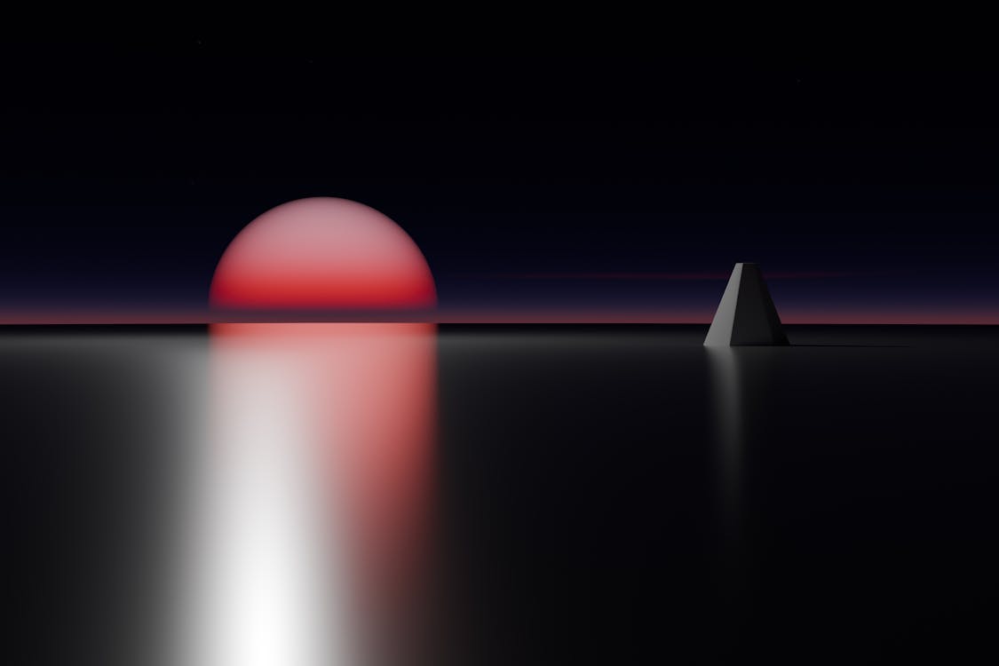 Free A minimalist abstract landscape featuring a red sunset and geometric structure. Stock Photo